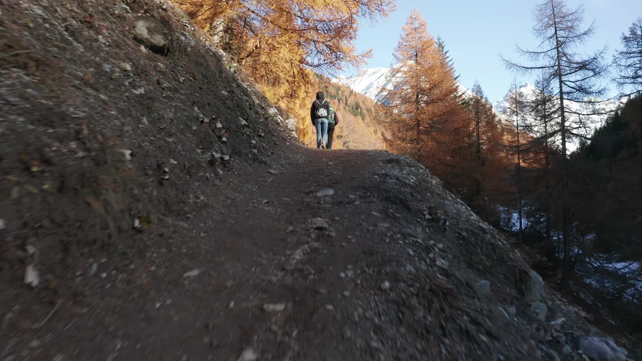 a low perspective shot of hikers walking on a trail at the Swiss national park