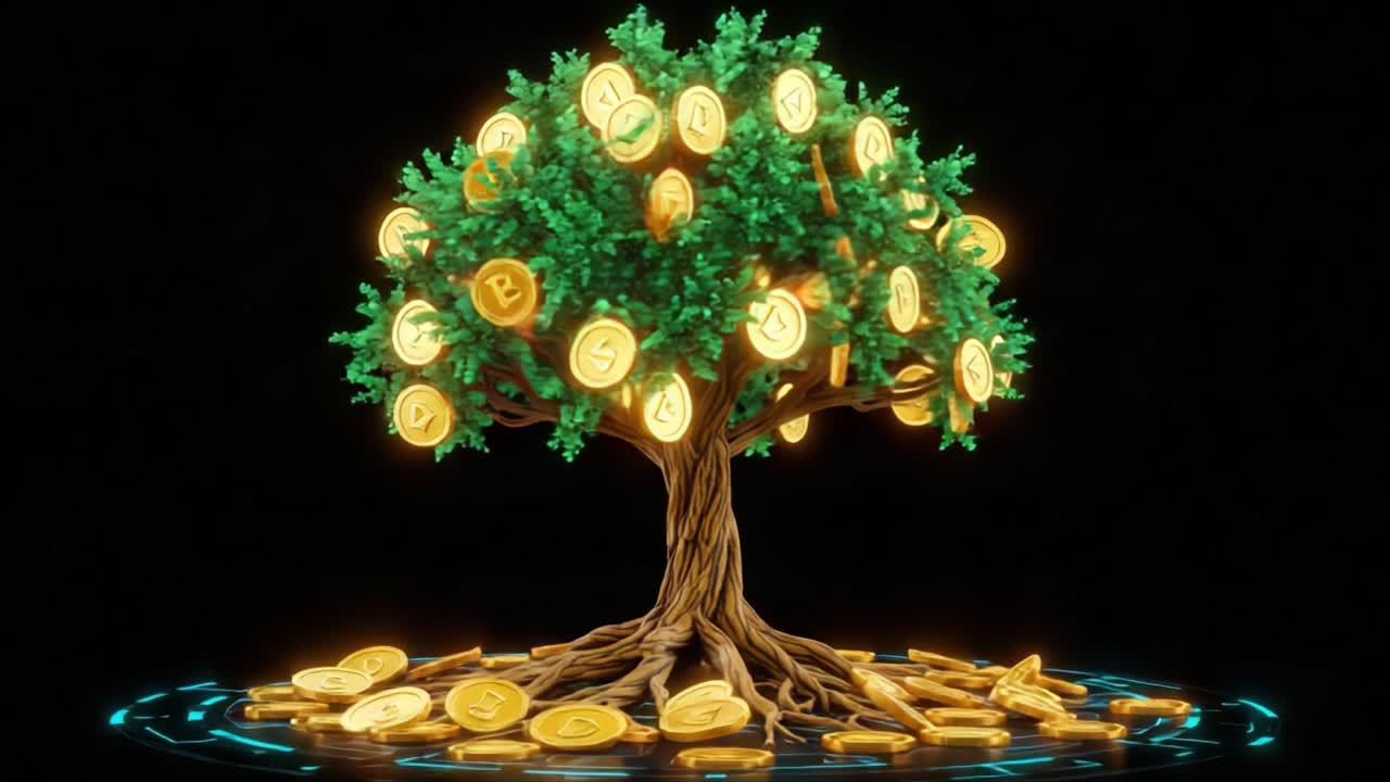 A Symbolic Representation of Wealth and Growth: A Lush Tree Adorned with Glowing Coins Represents Prosperity and Financial Abundance in a Digital Age
