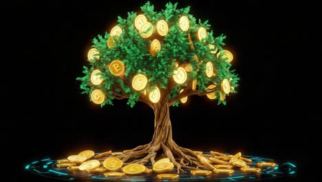 a symbolic representation of wealth and growth: a lush tree adorned with glowing coins represents prosperity and financial abundance in a digital age