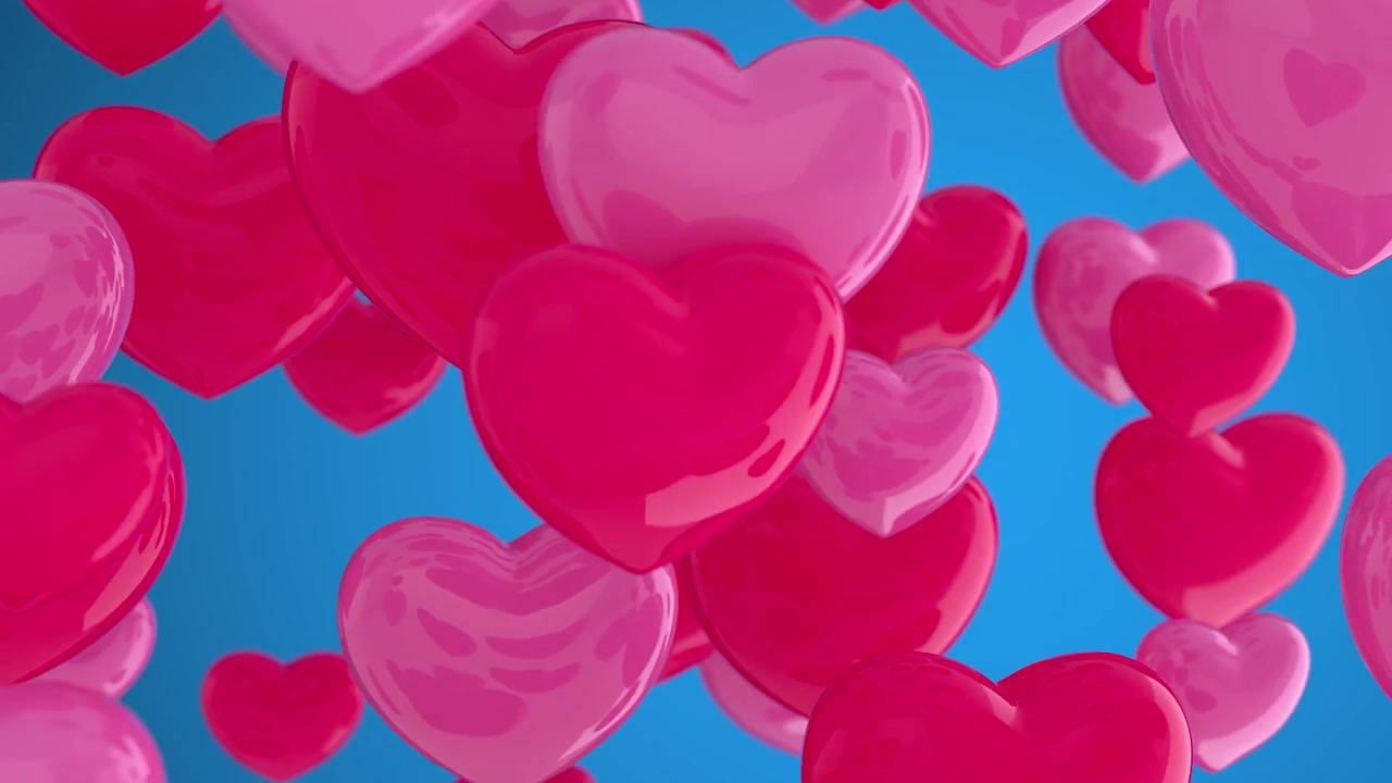 Pink hearts, symbol of love. A lot of pink and red hearts fly up chaotically on a blue background. Hearts background with alpha channel. Love, passion and Valentine Day. 3d animation loop of 4K