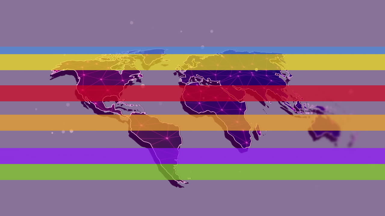Colorful horizontal stripes animation over world map with grid lines
