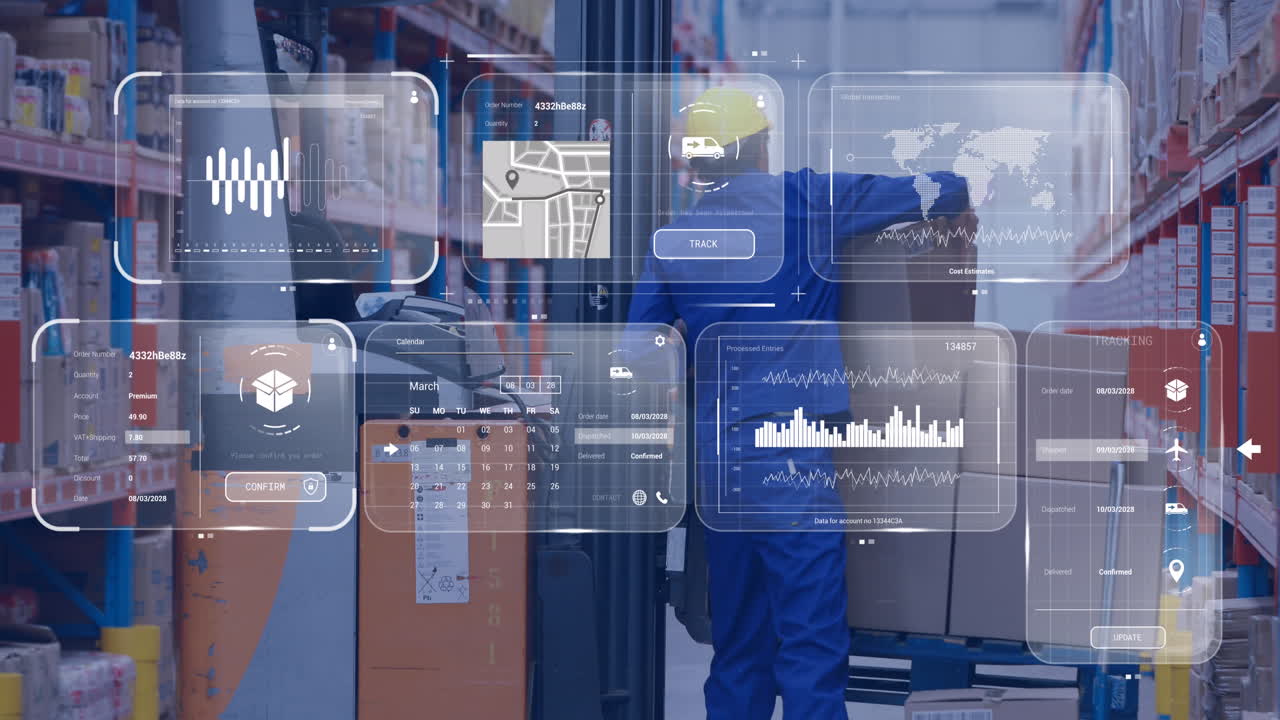 창고에 있는 백인 남자의 화면에 있는 데이터의 애니메이션