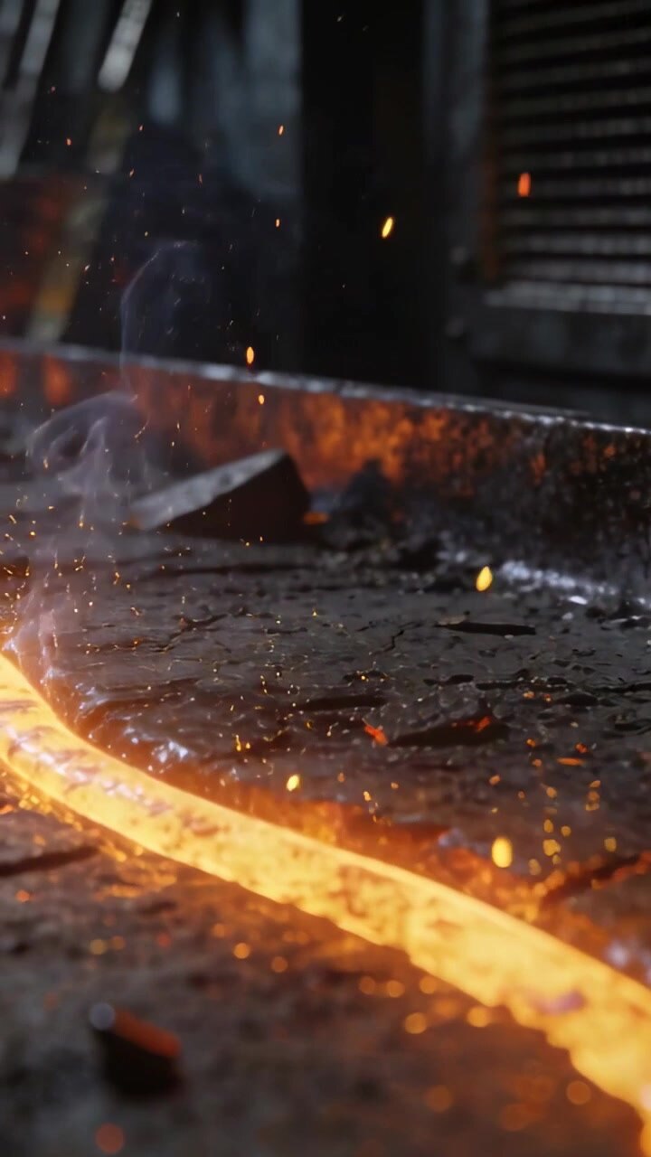Vertical video: Heating causing molten metal channel flowing across forge floor, emitting embers