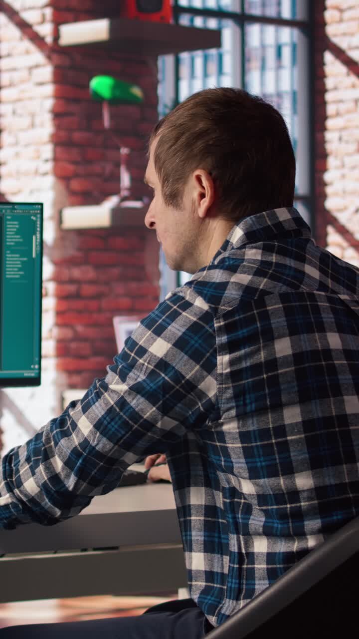 Vertical video Person requesting help from AI LLM chatbot software in modern urban home office