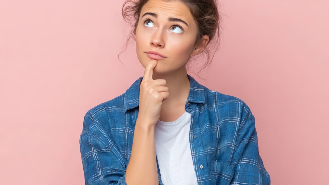 Momento Contemplativo: Una giovane donna riflette sui suoi pensieri contro uno sfondo rosa tenue, evidenziando emozioni di curiosità e riflessione