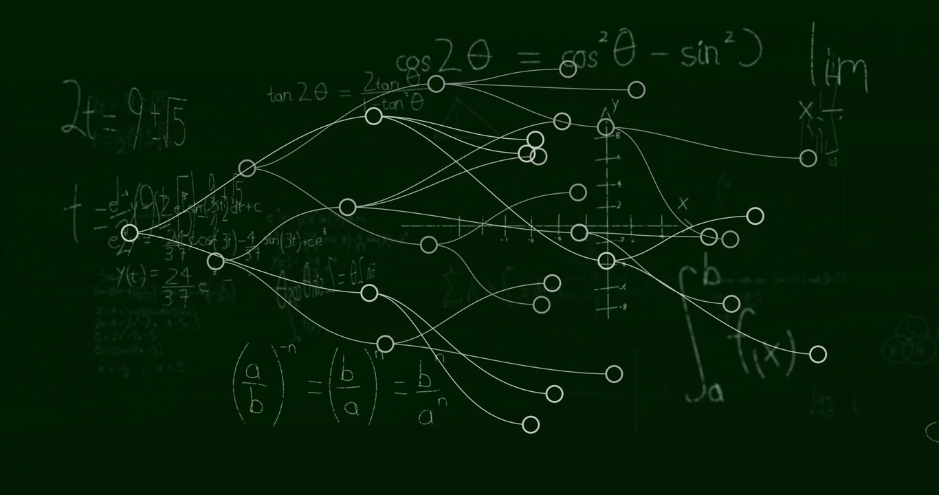 Animated Mathematical Network Diagram on Chalkboard Background