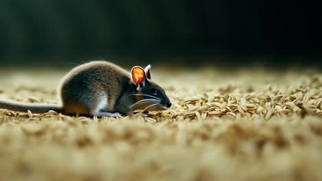 closeup of a small brown mouse in a field of rice