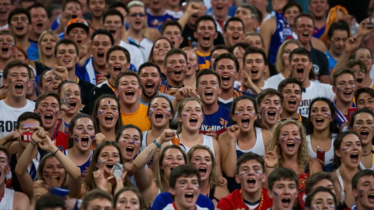 A Vibrant Crowd of Excited Fans Cheering Together, Celebrating in Unison with Passionate Expressions of Joy and Unity at a Live Event