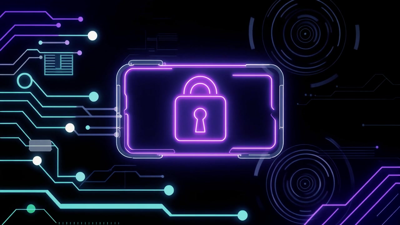 Neon Padlock on Smartphone Screen with Digital Circuit Board Background