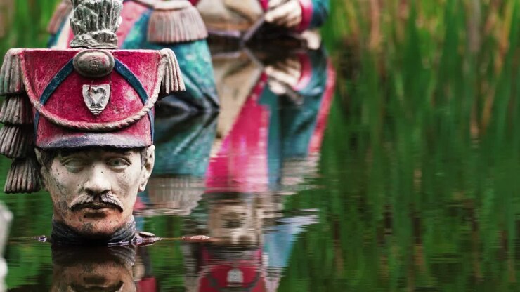 Soldier on Napoleon in deep water, statue theme park, close up