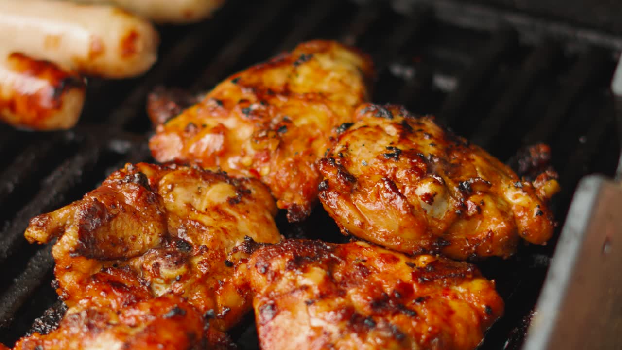 Chef Patting Marinated Chicken Thighs Cooking on BBQ as they Cook Outside During Summer Months. Spicy Hot Tasty Poultry Food