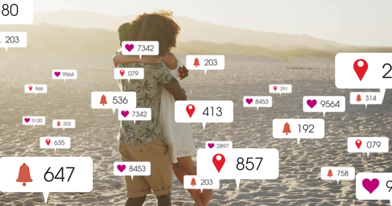 Couple running on beach, leaping into embrace as social media pins hearts bells multiplying