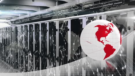 animation of globe and world map over server room