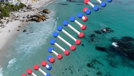 digital composition of dna structure spinning against aerial view of the beach