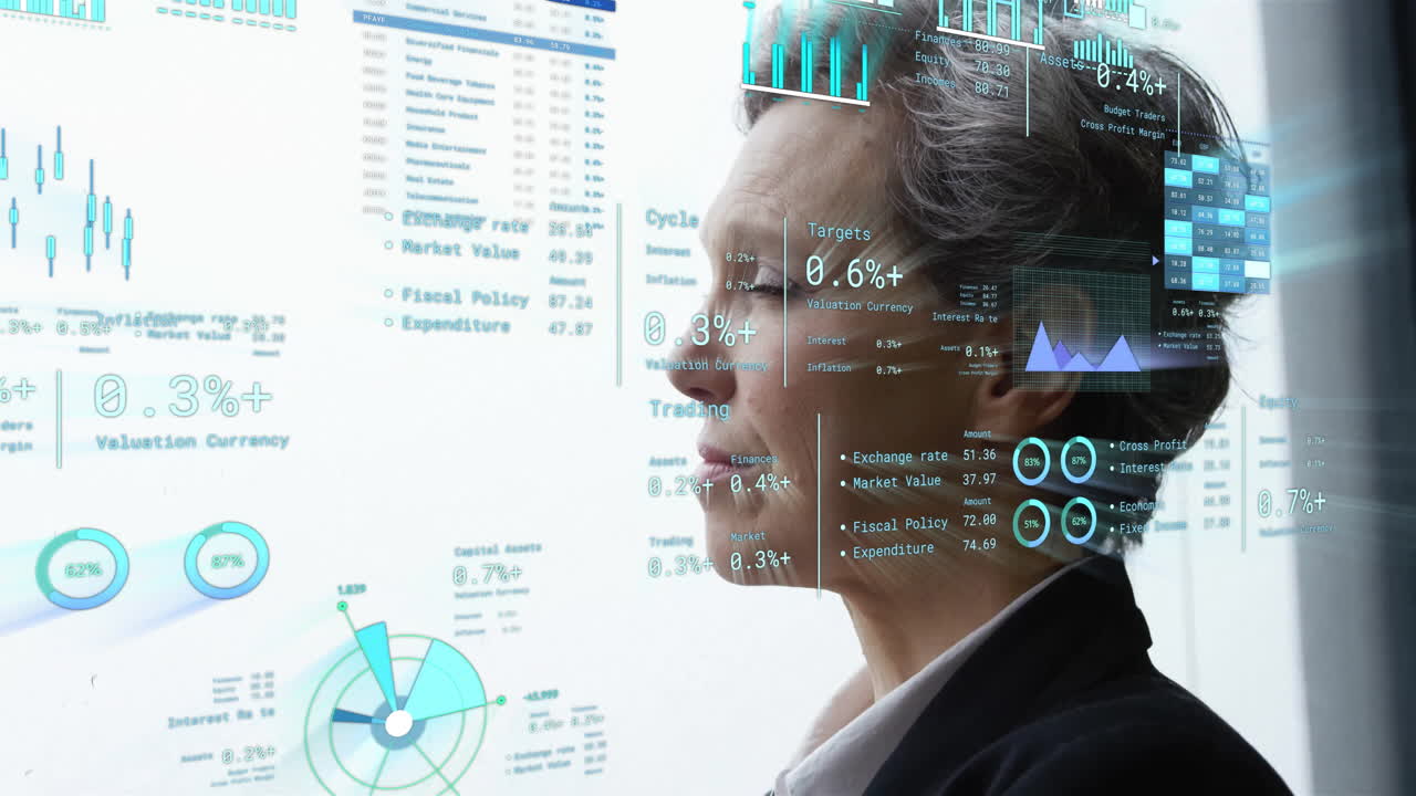 animación de estadísticas y procesamiento de datos sobre mujer de negocios caucásica en el cargo