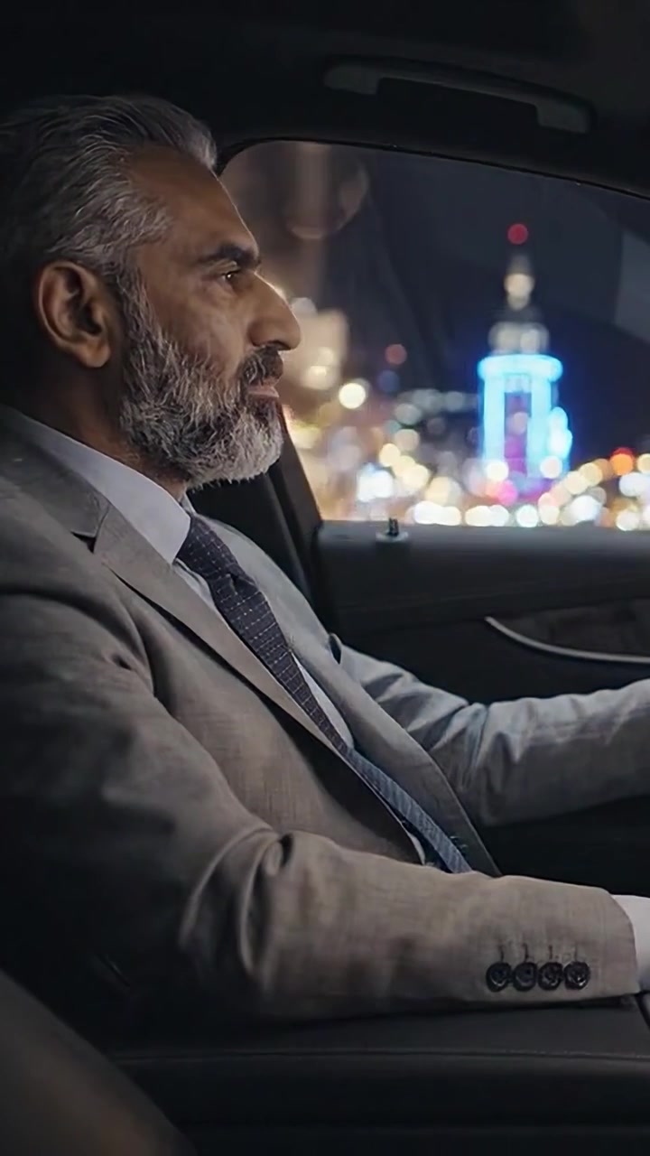 Un uomo sicuro di sé in abito sartoriale guida attraverso una città vibrante di notte, mostrando concentrazione ed eleganza in un'auto di lusso circondata da luci colorate