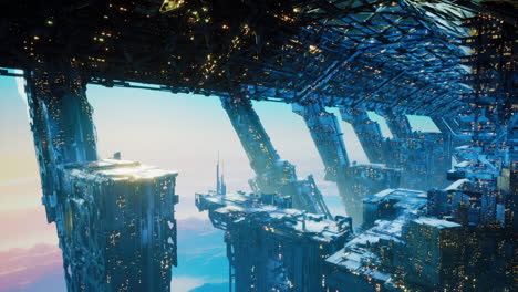 futuristic cityscape suspended in the sky during a luminous sunset
