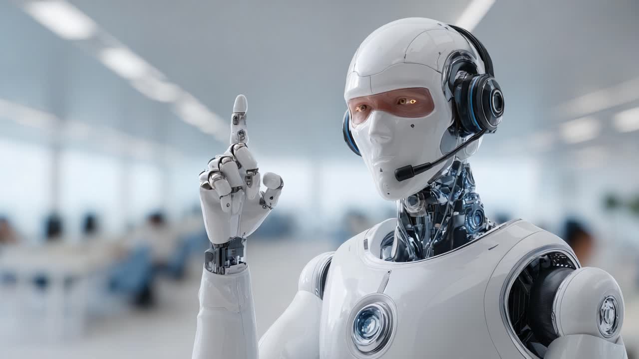 A futuristic humanoid robot equipped with a headset demonstrates advanced AI capabilities in a modern office environment, embodying the future of technology and communication