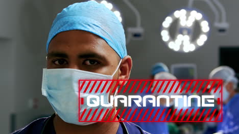 animation of word quarantine with healthcare worker in background during coronavirus pandemic