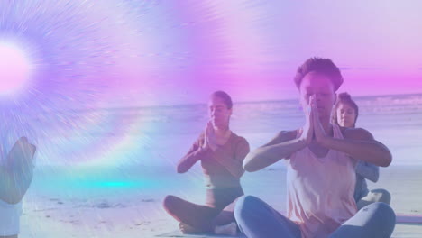 three women practicing yoga on sandy beach, showcasing health theme with sun flare and purple rays