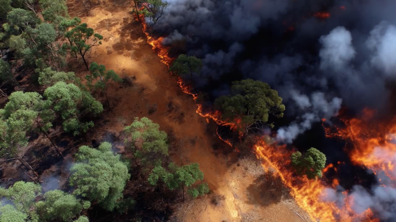 Dramatic Aerial View of Wildfire Devastating Forest Landscape with Flames and Smoke Surrounding a Narrow Dirt Path During Intense Burning Event