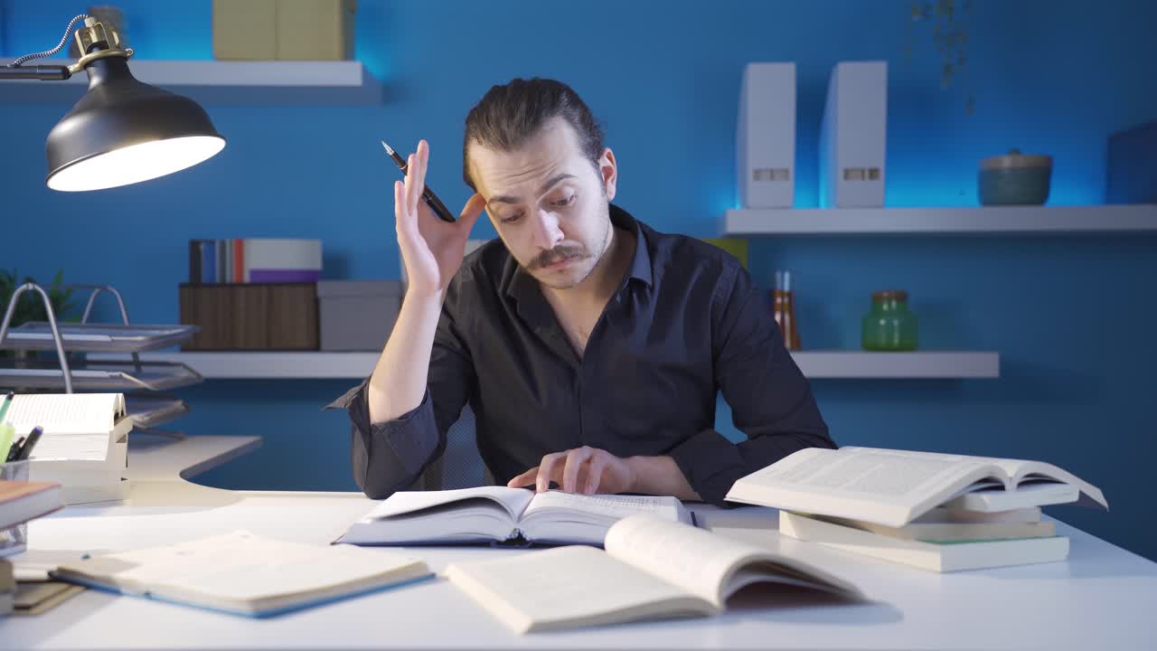 젊은 역사학자가 중세에 관한 책을 읽고 있습니다.