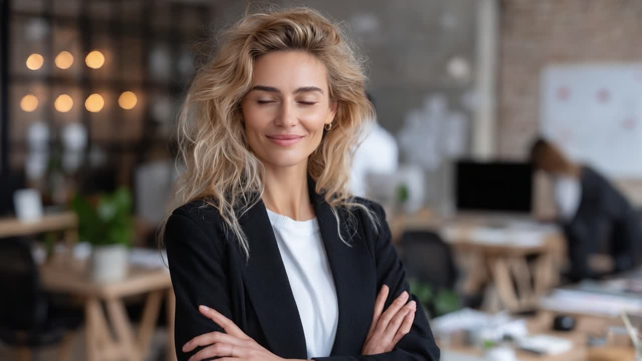 Um profissional confiante com um charme natural sorrindo em um ambiente de escritório moderno, demonstrando liderança e positividade em um espaço colaborativo