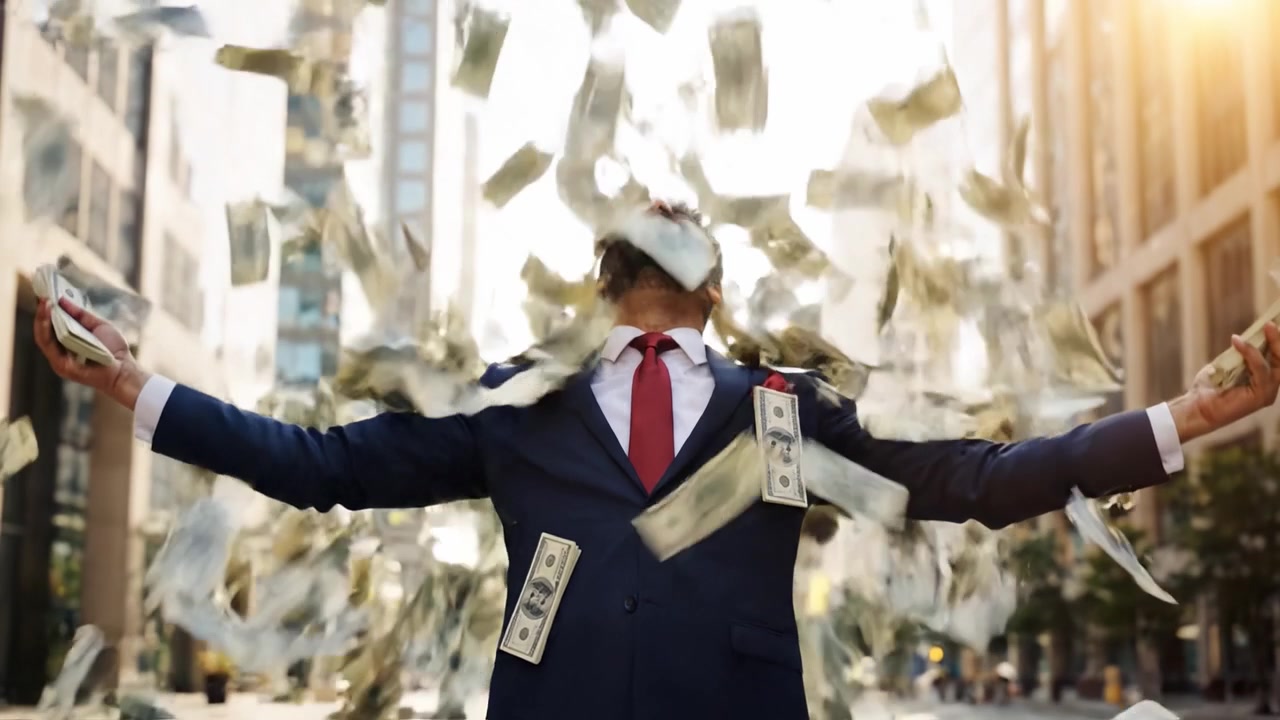 Un Momento Gioioso di Ricchezza: Un Uomo in Abito Celebra il Successo Finanziario in un Paesaggio Urbano Circondato da Alti Edifici e un Sole Splendente.