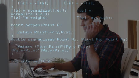 animation of data processing over biracial businessman using smartphone
