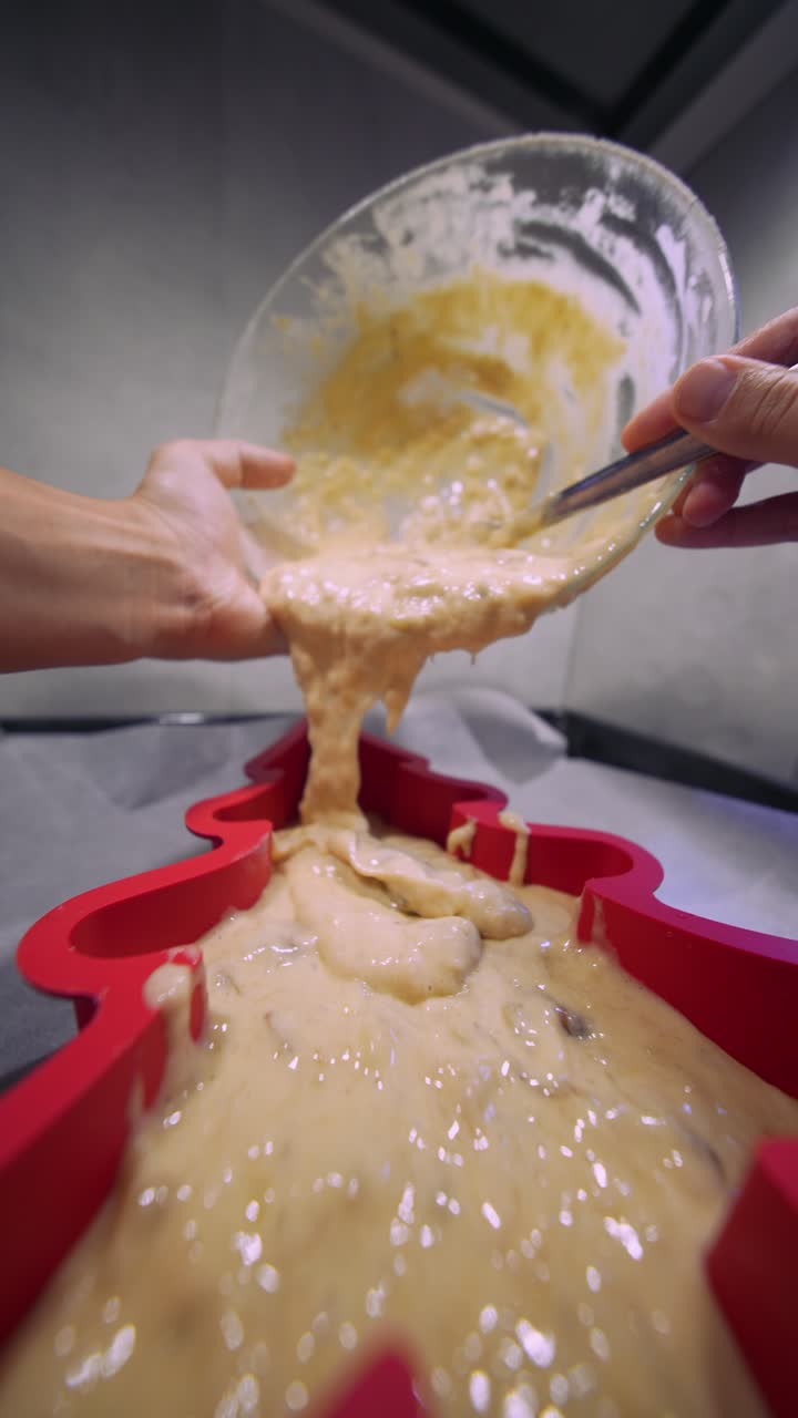 Pouring Cake Batter into a Christmas Tree Shaped Baking Mold