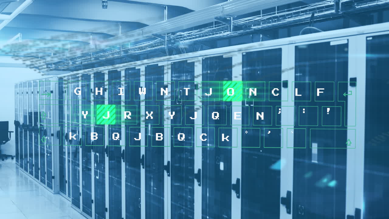데이터 서버 방 위에 빛나는 글자의 애니메이션