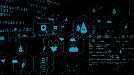 animación de iconos médicos y procesamiento de datos sobre fondo negro