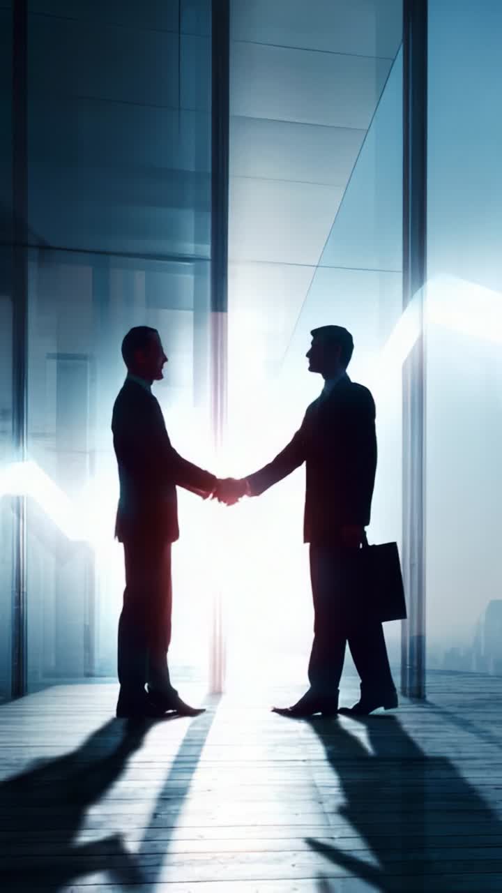 Due professionisti si uniscono in un momento di collaborazione, simboleggiando partnership e successo con silhouette su uno sfondo di immagini di crescita finanziaria
