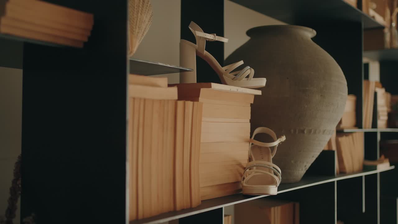 Close up of styled shelf holding books pottery vessel and heels