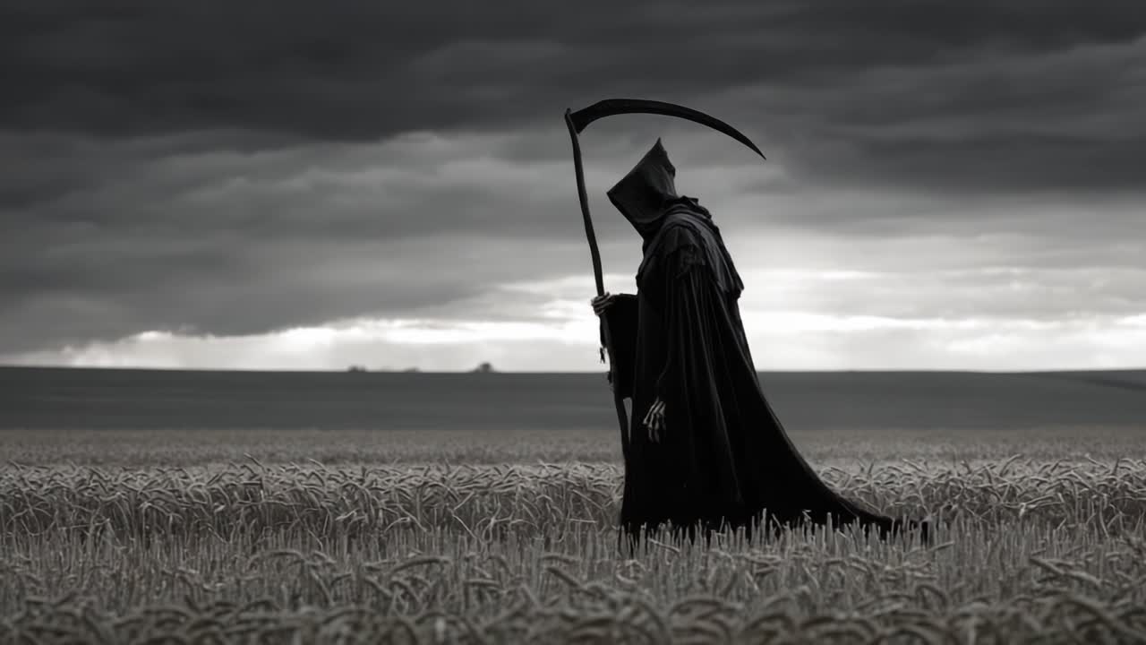 Una figura solitaria avvolta nell'oscurità cammina attraverso un campo desolato sotto un cielo minaccioso, incarnando l'essenza del mistero e dell'ignoto con una falce in mano