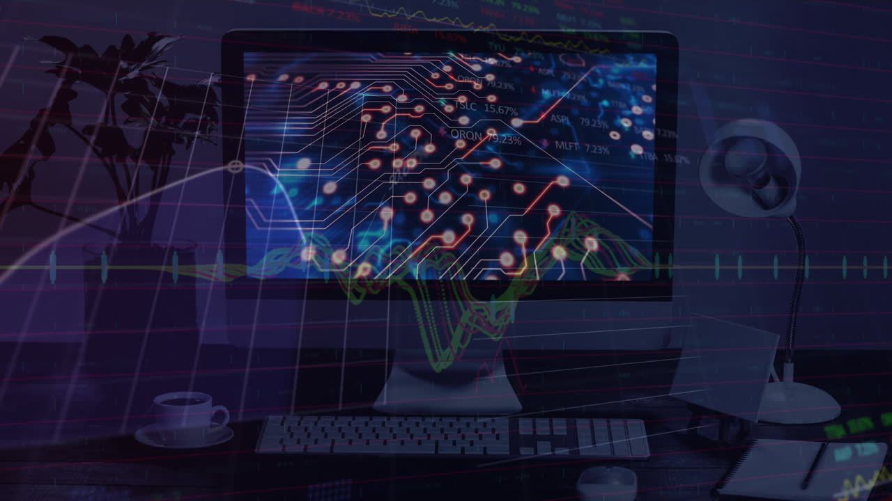 animación de múltiples gráficos y placas de comercio sobre el patrón de la placa de circuito en el escritorio en la mesa.