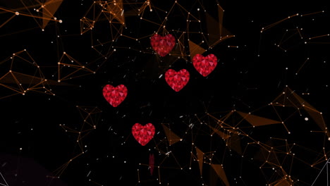 animación de iconos de corazón rojo sobre túnel brillante contra la red de conexiones en fondo negro