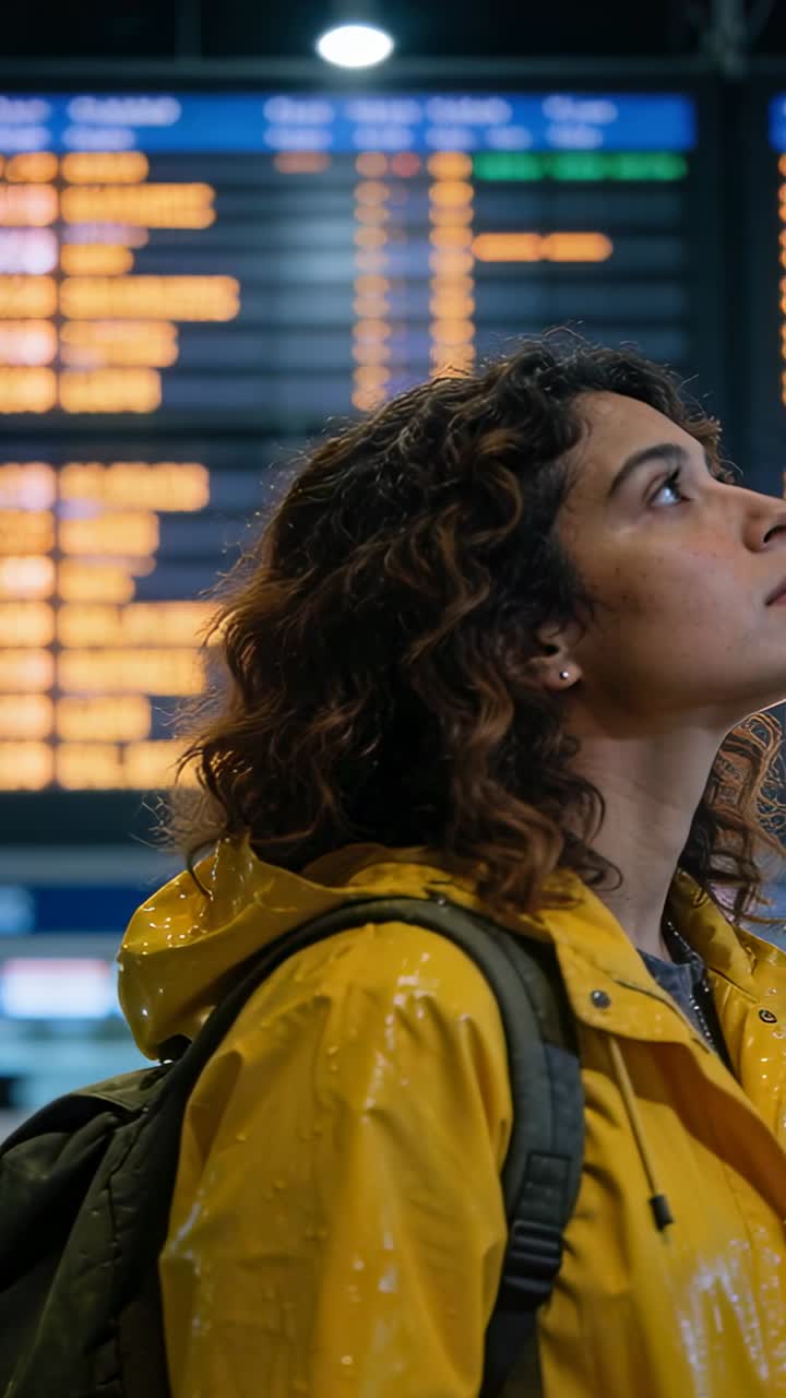 Video verticale: Donna bagnata che osserva il tabellone dei voli in aeroporto, con giacca gialla e zaino, spazio per il testo.