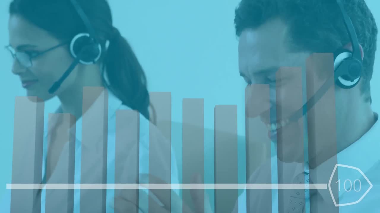 Animation of group of multi-ethnic call centre workers wearing headsets and using computers in offic