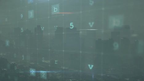 animación de texto de advertencia cibernética y procesamiento de datos sobre el paisaje urbano