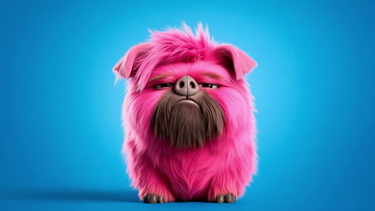 un perro peludo rosa con una expresión triste en su cara