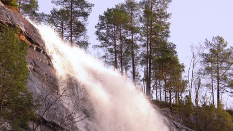 Cascada-Protegida-Hesjedalsfossen-En-El-Oeste-De-Noruega---Idílico-Clip-Estático-De-La-Tarde-Con-Luz-Solar-Cálida-En-La-Parte-Superior-De-La-Cascada-Y-Pinos-Circundantes