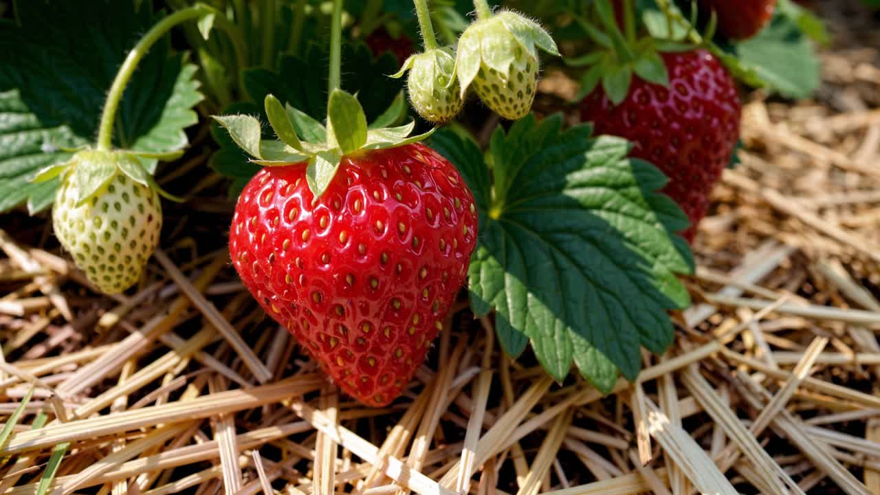 Bright red strawberries hang among lush green leaves in a thriving garden. The plants flourish under the sun, with some berries ripe and ready for harvest. Nearby, smaller unripe strawberries peek through the foliage, promising future growth. This delightful scene captures the essence of gardening a