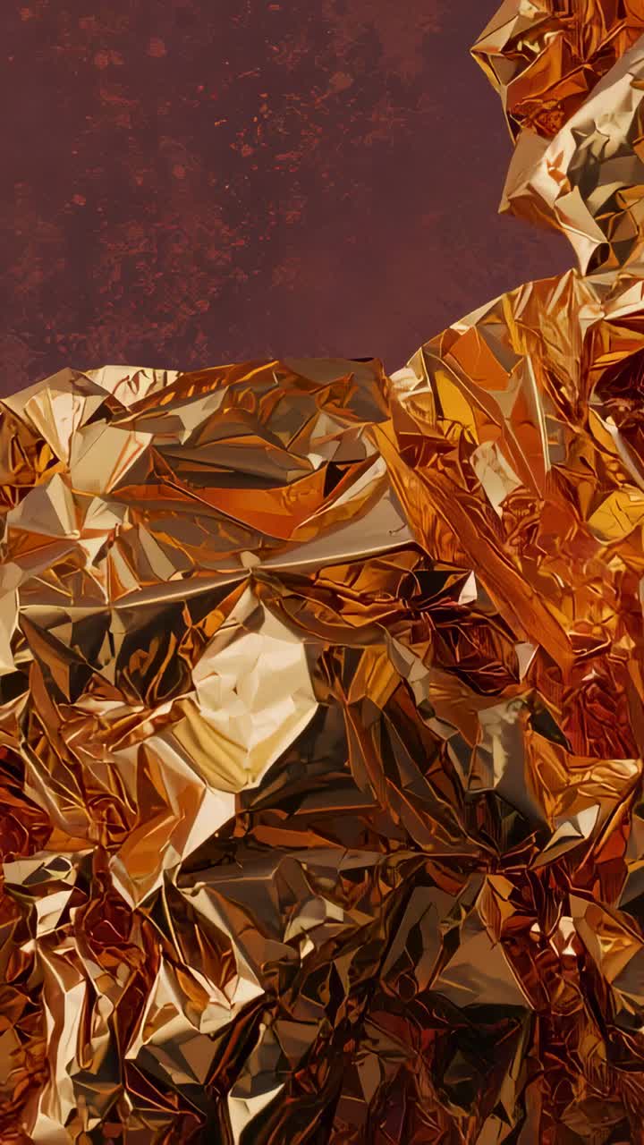 Vertical video: Shifting camera revealing crumpled gold foil on maroon backdrop showing creases