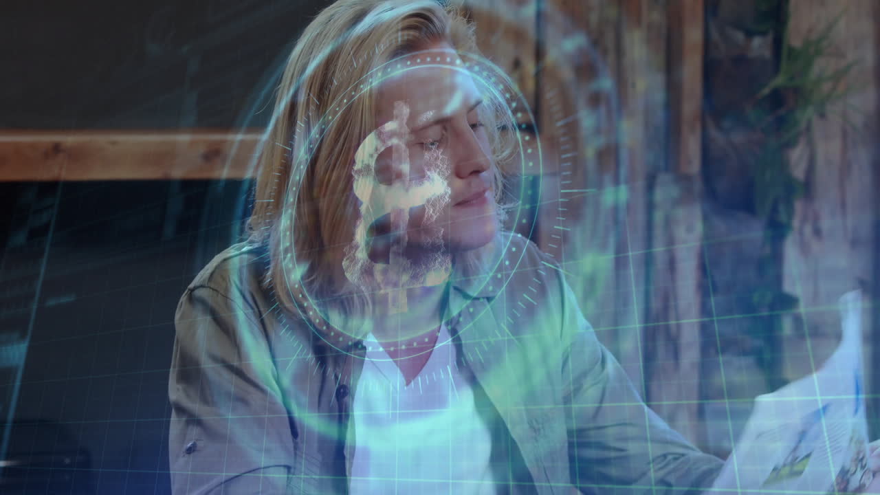 Man reading finance document at wooden table, displaying holographic grid and Bitcoin symbol