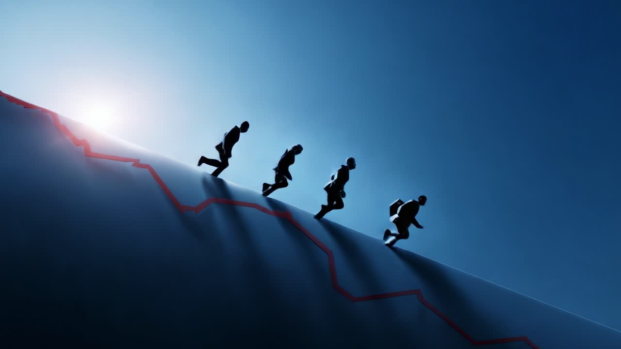A group of runners ascends a steep slope, symbolizing progress and perseverance against challenges, depicted through a striking visual with a bold line graph in the background