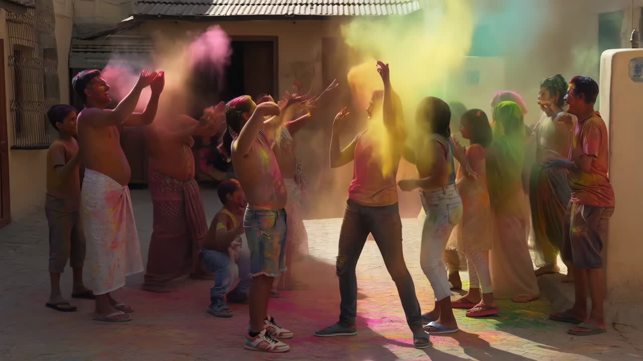 People celebrating Holi with colorful powder