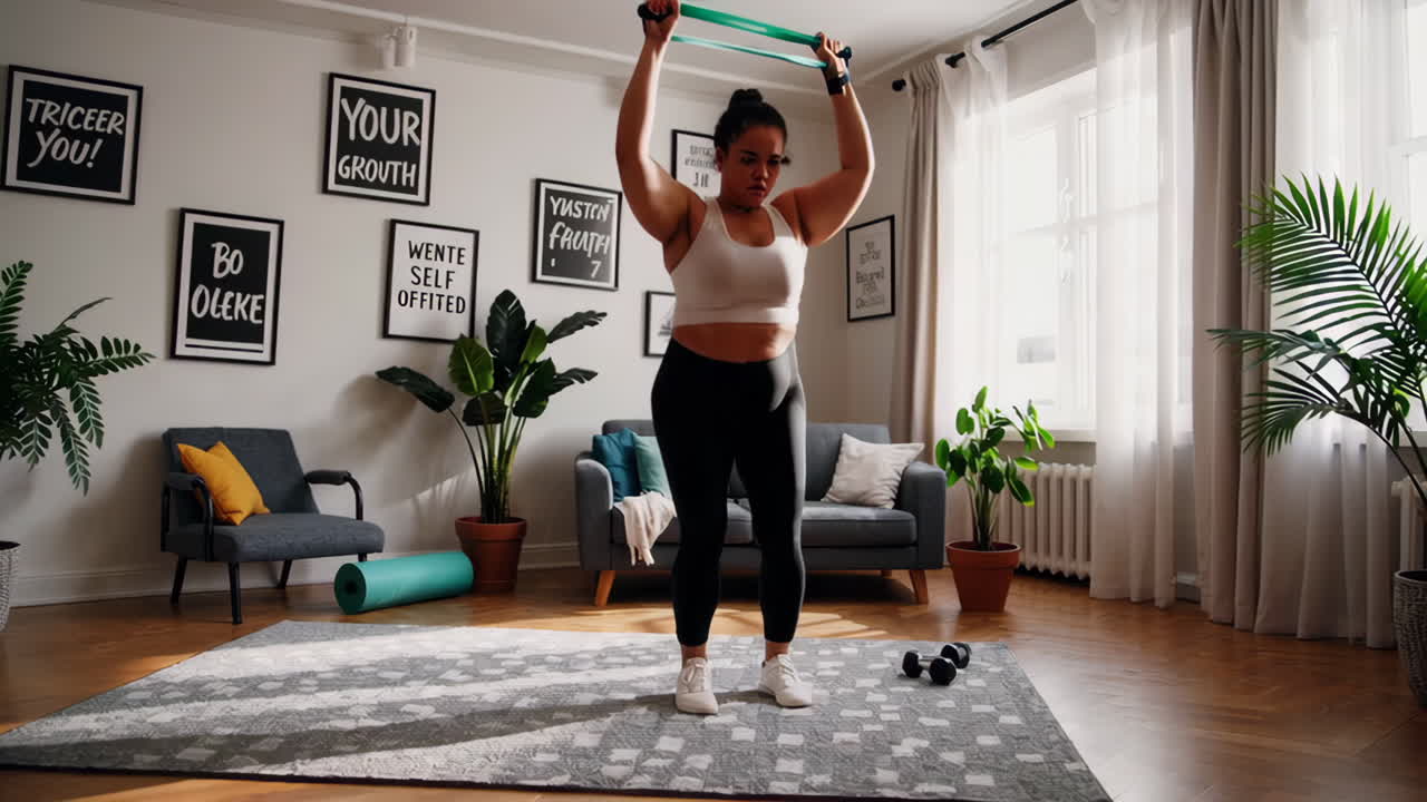 Woman doing exercise at home with resistance band