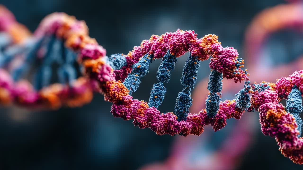 Exploring the Intricate Structure of DNA: A Close-Up View of the Molecule's Unique Features and Colorful Composition in Two Distinct Frames