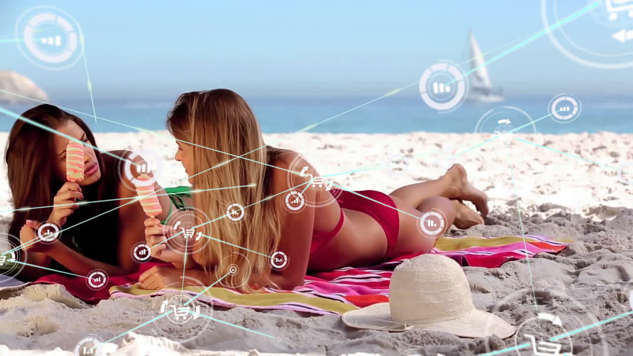 анимация сети связей с иконами над кавказскими подругами на пляже